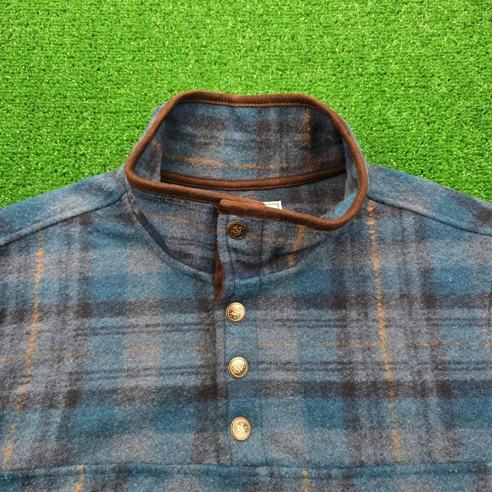 John Wayne Time Classic Fleece Pullover Mens Medium Blue‎ Plaid 1/4 Snap Casual